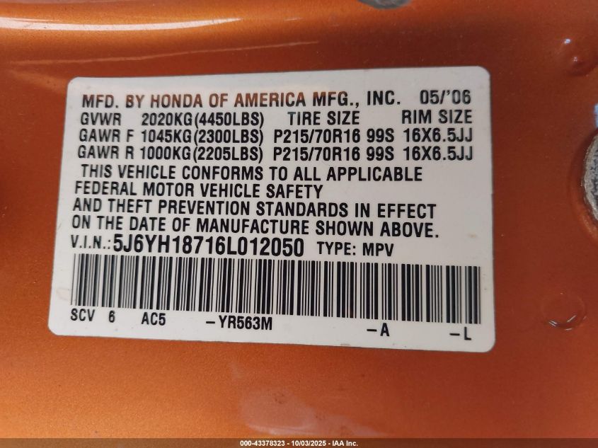 2006 Honda Element Ex-P VIN: 5J6YH18716L012050 Lot: 43378323
