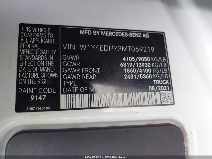 2021 Mercedes-Benz Sprinter 2500 High Roof V6 VIN: W1Y4EDHY3MT069219 Lot: 43378327
