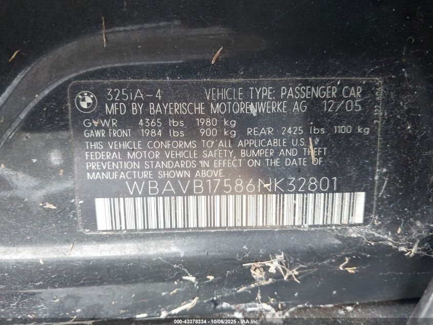 2006 BMW 325I VIN: WBAVB17586NK32801 Lot: 43378334