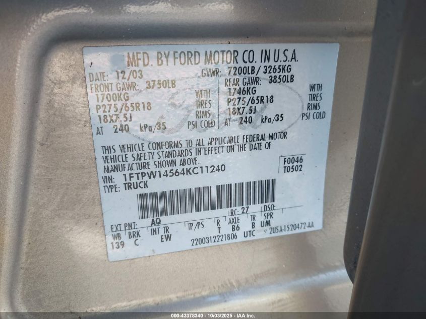 2004 Ford F-150 Fx4/Lariat/Xlt VIN: 1FTPW14564KC11240 Lot: 43378340