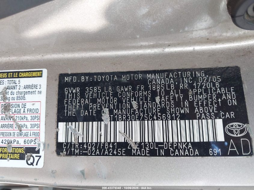 2005 Toyota Corolla Le VIN: 2T1BR30E75C456912 Lot: 43378348