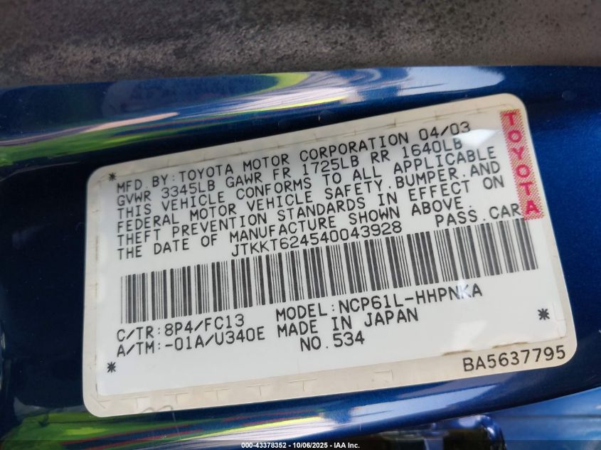 2004 Scion Xa VIN: JTKKT624540043928 Lot: 43378352