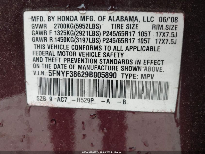 2009 Honda Pilot Ex-L VIN: 5FNYF38629B005890 Lot: 43378357