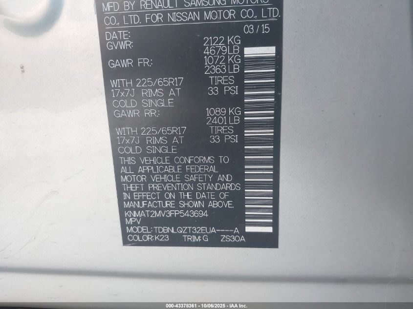 2015 Nissan Rogue Sv VIN: KNMAT2MV3FP543694 Lot: 43378361