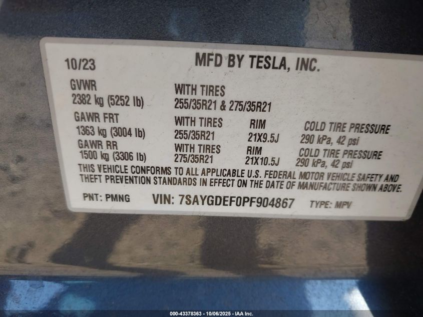 2023 Tesla Model Y Performance Dual Motor All-Wheel Drive VIN: 7SAYGDEF0PF904867 Lot: 43378363