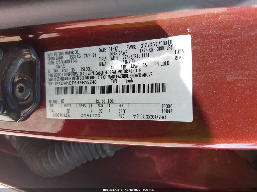 2017 Ford F-150 Lariat VIN: 1FTEW1EF6HFB12740 Lot: 43378376