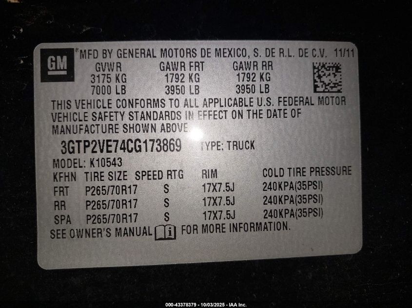 2012 GMC Sierra 1500 Sle VIN: 3GTP2VE74CG173869 Lot: 43378379