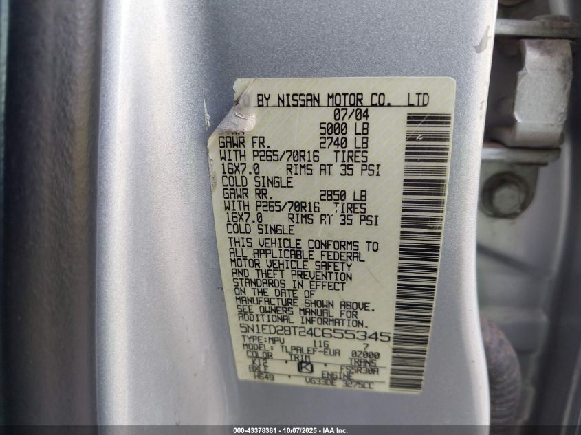 2004 Nissan Xterra Xe VIN: 5N1ED28T24C655345 Lot: 43378381