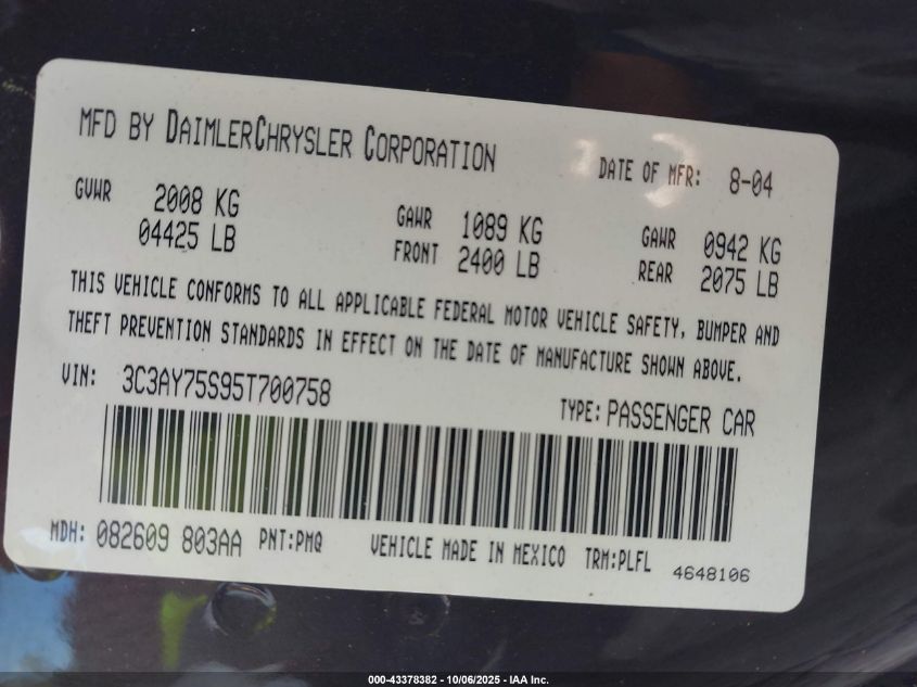 2005 Chrysler Pt Cruiser Gt VIN: 3C3AY75S95T700758 Lot: 43378382