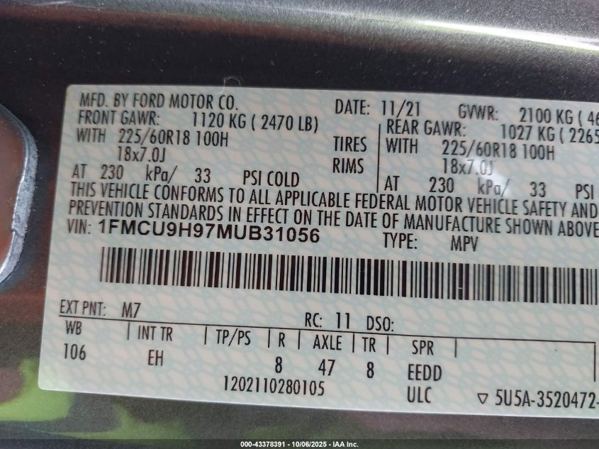 2021 Ford Escape Sel VIN: 1FMCU9H97MUB31056 Lot: 43378391