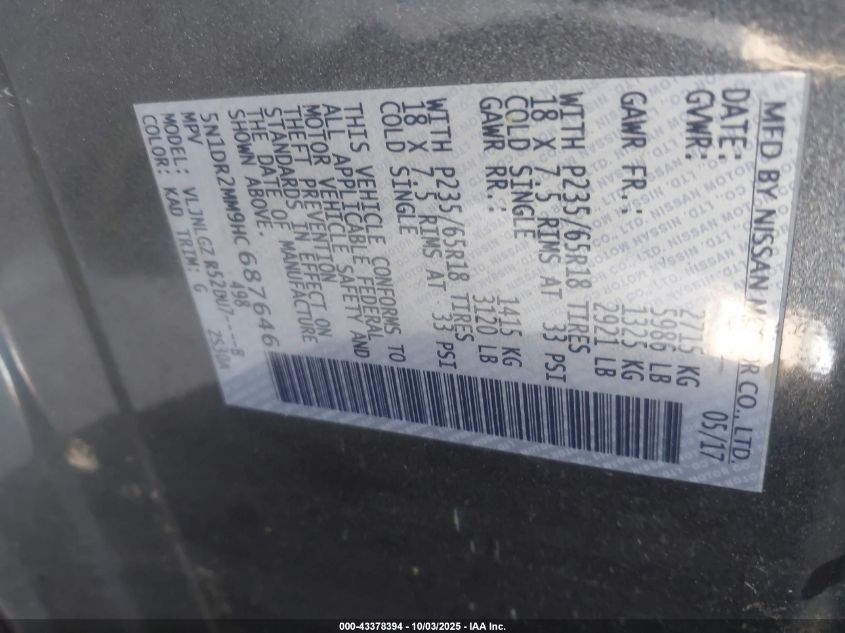 2017 Nissan Pathfinder Sl VIN: 5N1DR2MM9HC687646 Lot: 43378394