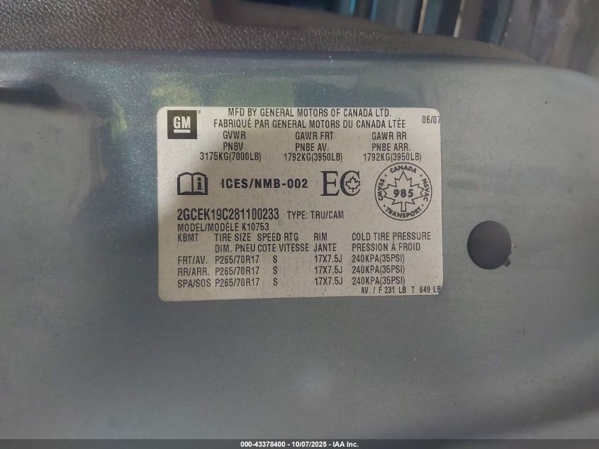 2008 Chevrolet Silverado 1500 Ls/Lt1/Work Truck VIN: 2GCEK19C281100233 Lot: 43378400