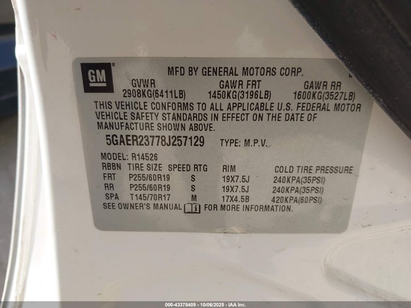 2008 Buick Enclave Cxl VIN: 5GAER23778J257129 Lot: 43378409