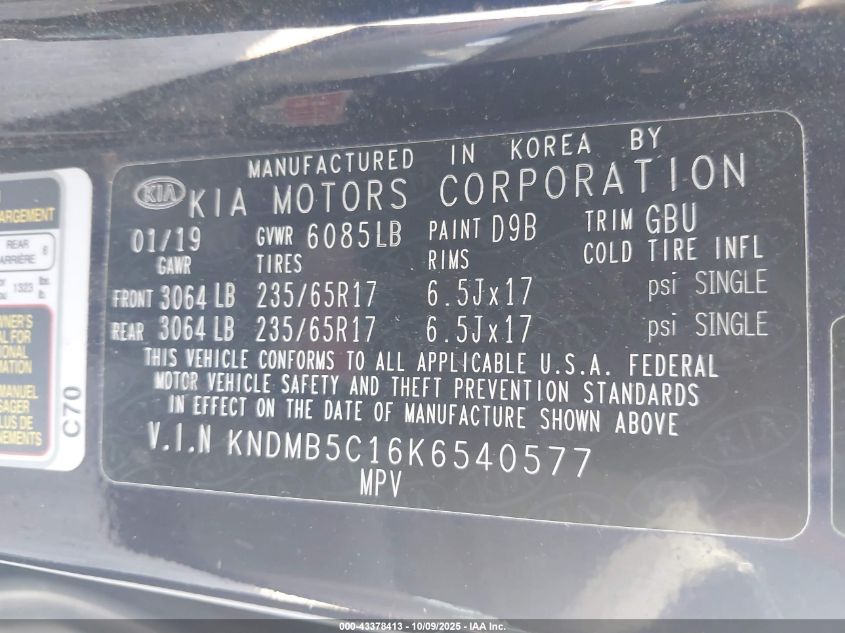 2019 Kia Sedona Lx VIN: KNDMB5C16K6540577 Lot: 43378413