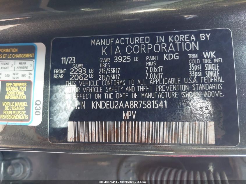 2024 Kia Seltos S VIN: KNDEU2AA8R7581541 Lot: 43378414