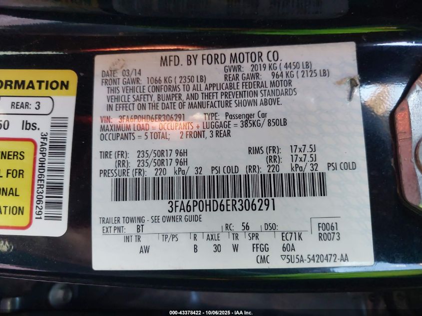 2014 Ford Fusion Se VIN: 3FA6P0HD6ER306291 Lot: 43378422