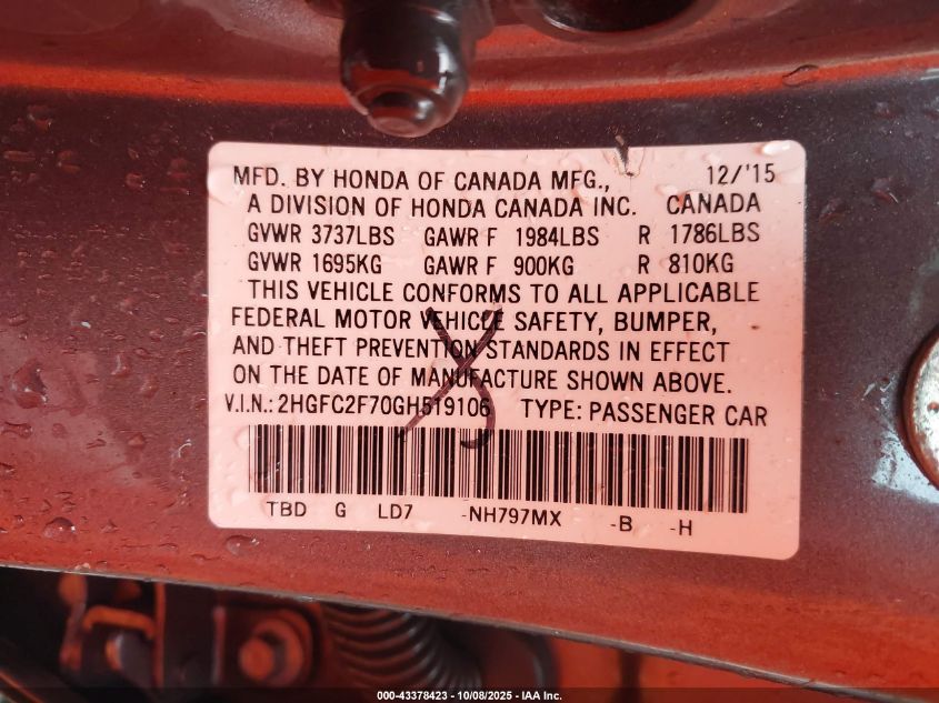 2016 Honda Civic Ex VIN: 2HGFC2F70GH519106 Lot: 43378423