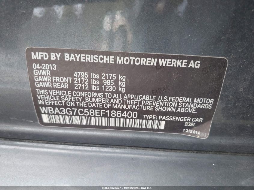 2014 BMW 328I xDrive VIN: WBA3G7C58EF186400 Lot: 43378427