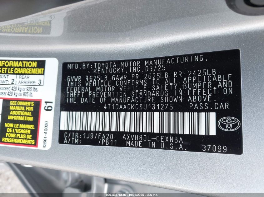 2025 Toyota Camry Le VIN: 4T1DAACK0SU131275 Lot: 43378436