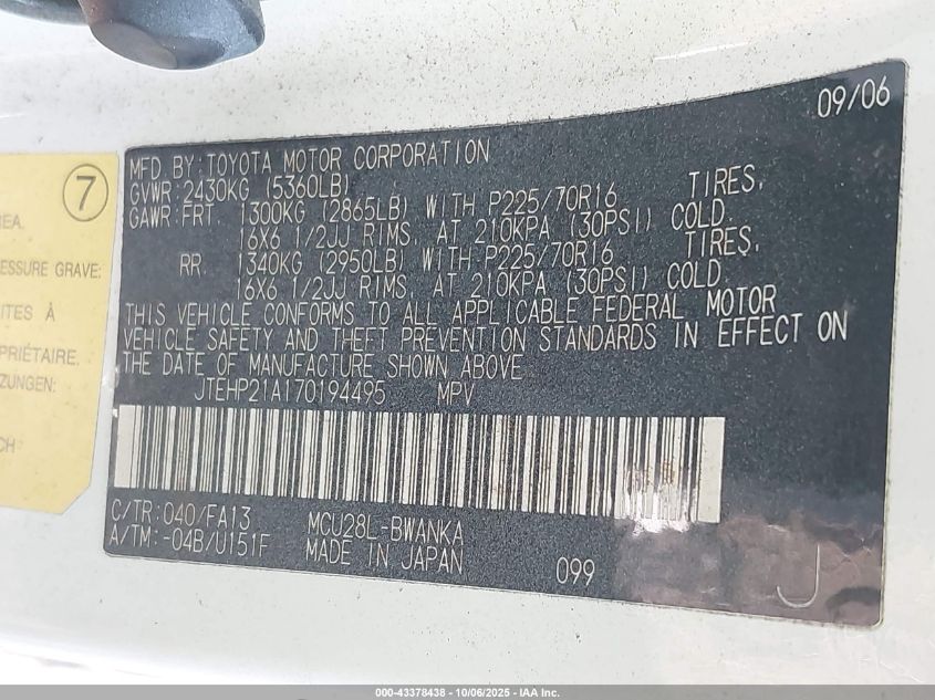 2007 Toyota Highlander V6 VIN: JTEHP21A170194495 Lot: 43378438