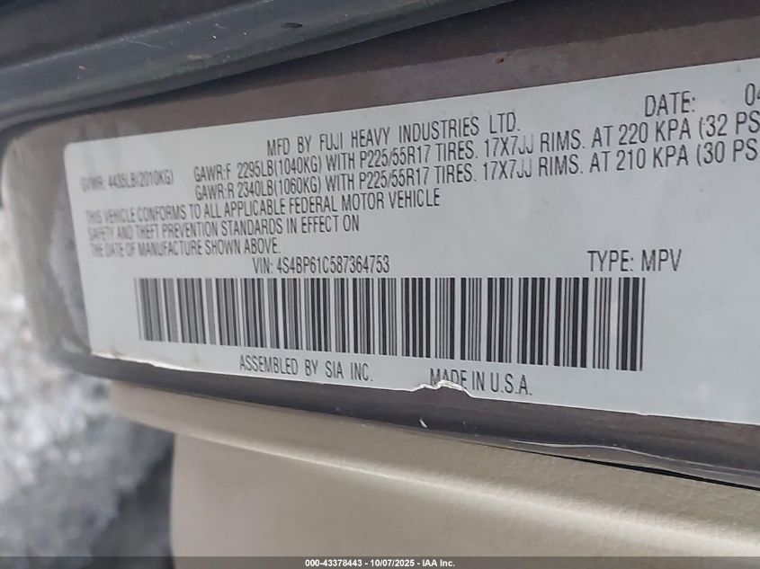 2008 Subaru Outback 2.5I/2.5I L.l. Bean Edition VIN: 4S4BP61C587364753 Lot: 43378443