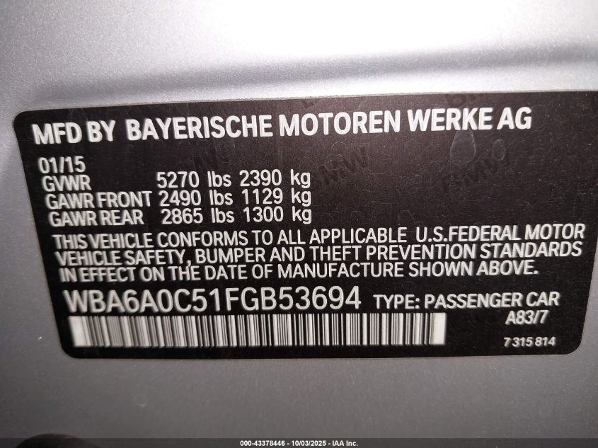 2015 BMW 640I Gran Coupe VIN: WBA6A0C51FGB53694 Lot: 43378446