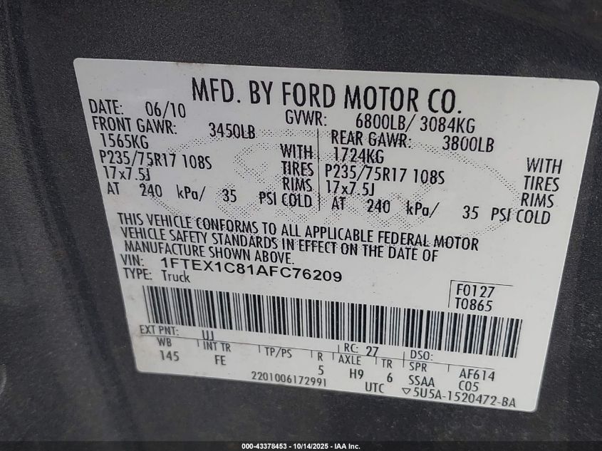 2010 Ford F-150 Fx2 Sport/Stx/Xl/Xlt VIN: 1FTEX1C81AFC76209 Lot: 43378453
