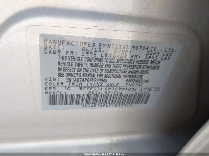 2015 Nissan Sentra Sv VIN: 3N1AB7AP6FY299949 Lot: 43378454