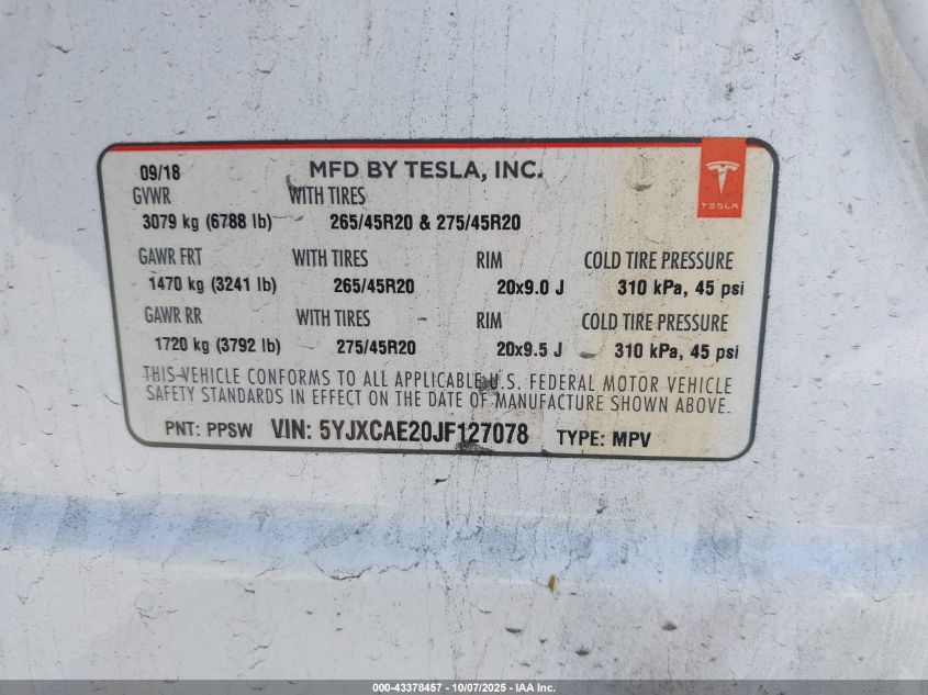 2018 Tesla Model X 100D/75D/P100D VIN: 5YJXCAE20JF127078 Lot: 43378457