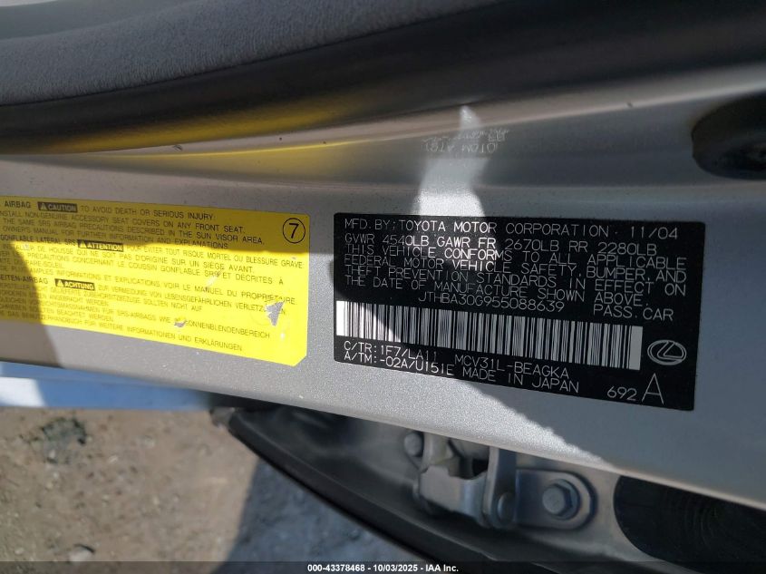 2005 Lexus Es 330 VIN: JTHBA30G955088639 Lot: 43378468