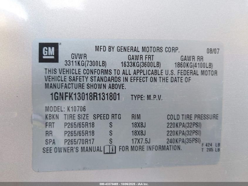 2008 Chevrolet Tahoe Lt VIN: 1GNFK13018R131801 Lot: 43378469