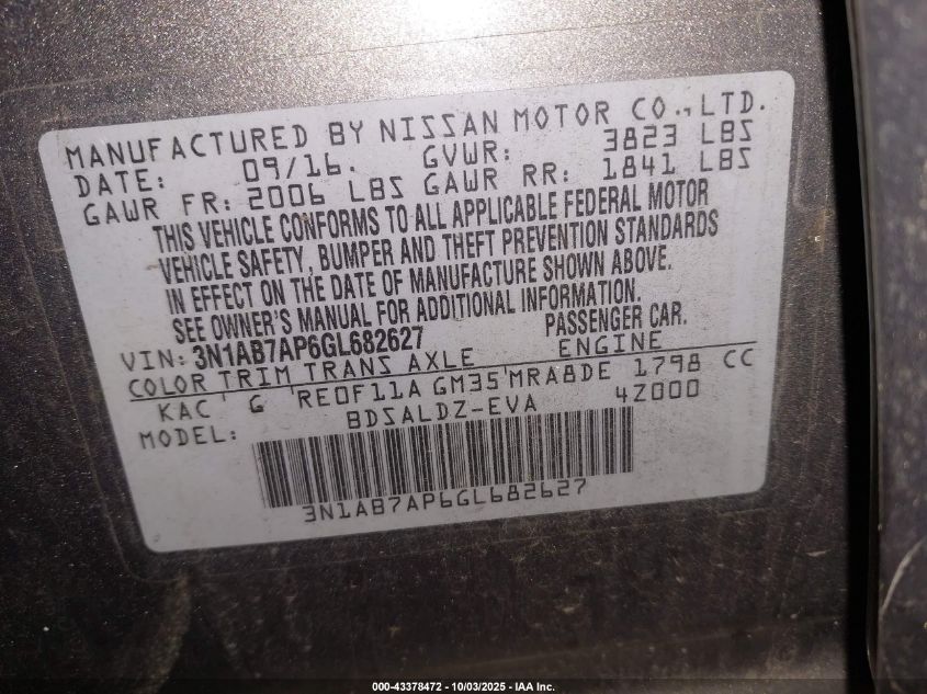 2016 Nissan Sentra Sv VIN: 3N1AB7AP6GL682627 Lot: 43378472