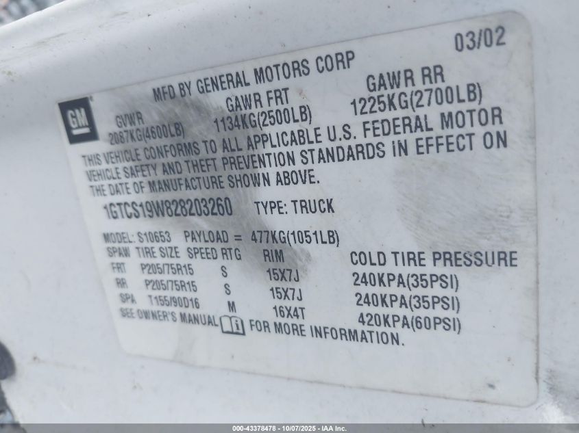 2002 GMC Sonoma Sls VIN: 1GTCS19W828203260 Lot: 43378478