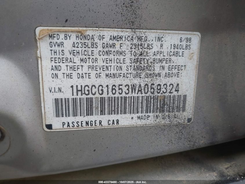 1998 Honda Accord Ex V6 VIN: 1HGCG1653WA059324 Lot: 43378480