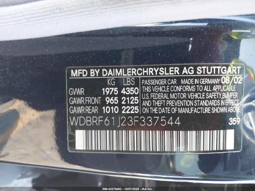 2003 Mercedes-Benz C 240 VIN: WDBRF61J23F337544 Lot: 43378482