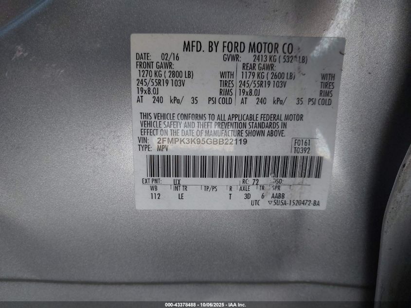 2016 Ford Edge Titanium VIN: 2FMPK3K95GBB22119 Lot: 43378488
