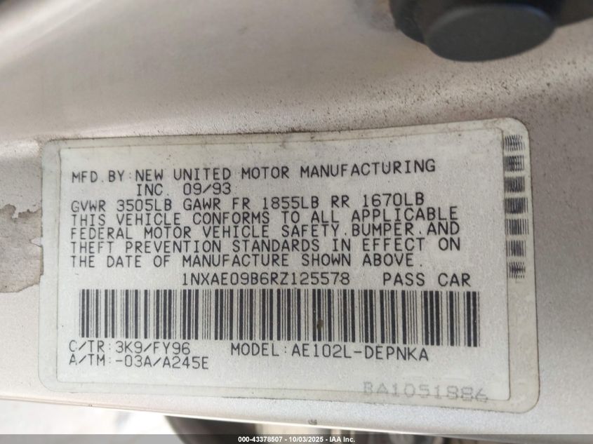 1994 Toyota Corolla Le/Dx VIN: 1NXAE09B6RZ125578 Lot: 43378507