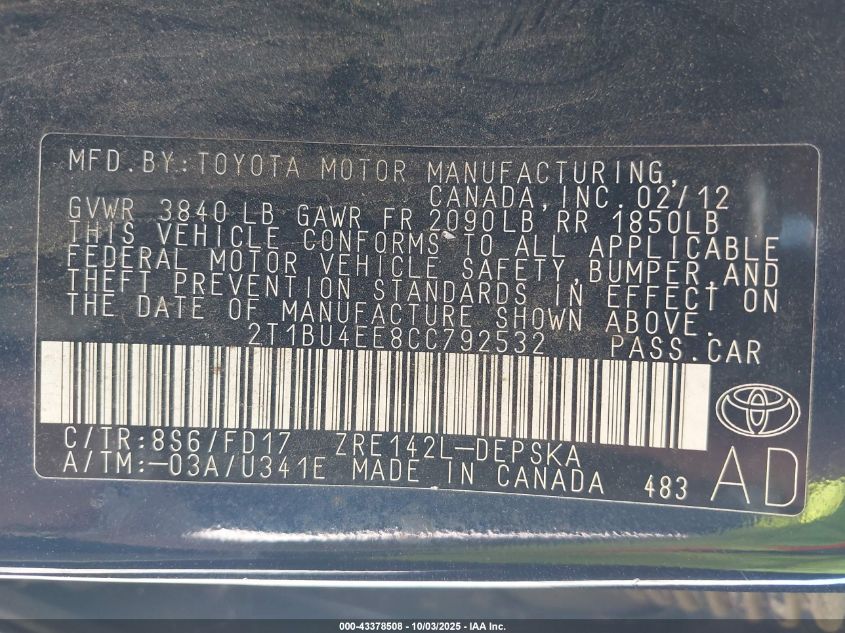 2012 Toyota Corolla S VIN: 2T1BU4EE8CC792532 Lot: 43378508