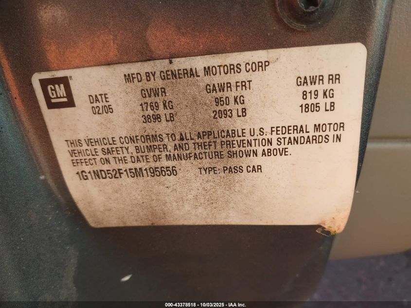 2005 Chevrolet Classic VIN: 1G1ND52F15M195656 Lot: 43378518