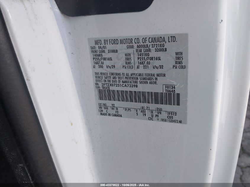 2001 Ford F-150 Xl/Xlt VIN: 2FTZX07251CA73398 Lot: 43378522