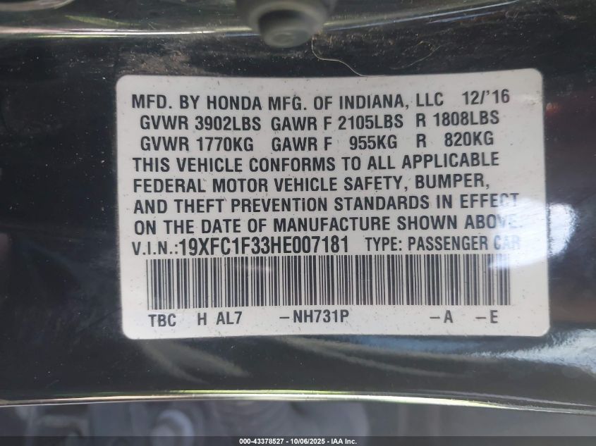 2017 Honda Civic Ex-T VIN: 19XFC1F33HE007181 Lot: 43378527