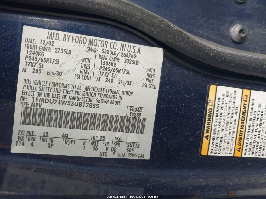 2003 Ford Explorer Eddie Bauer VIN: 1FMDU74W53UB17885 Lot: 43378541