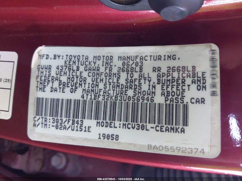 2003 Toyota Camry Le V6 VIN: 4T1BF32K83U056946 Lot: 43378543