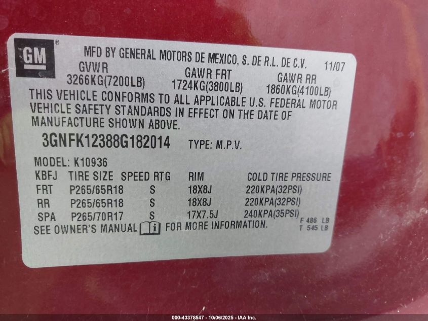 2008 Chevrolet Avalanche 1500 Lt VIN: 3GNFK12388G182014 Lot: 43378547