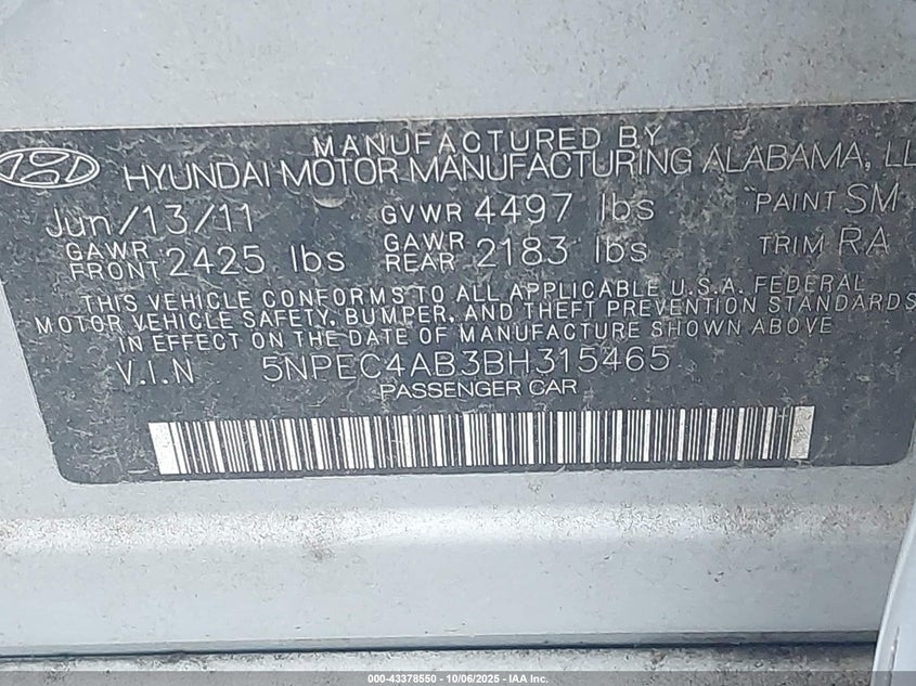 2011 Hyundai Sonata Se 2.0T VIN: 5NPEC4AB3BH315465 Lot: 43378550