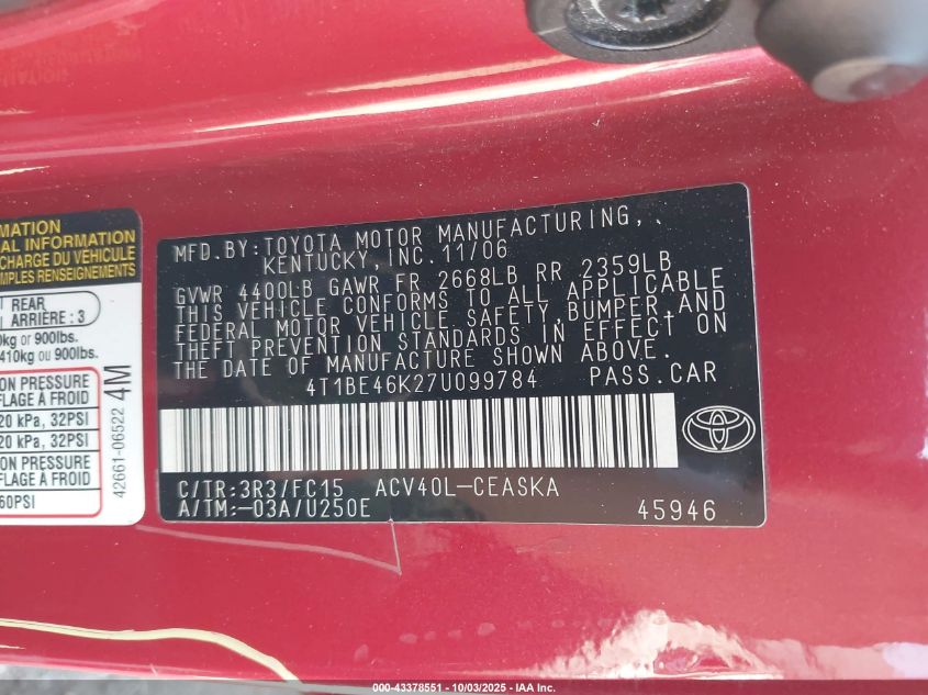 2007 Toyota Camry Se VIN: 4T1BE46K27U099784 Lot: 43378551