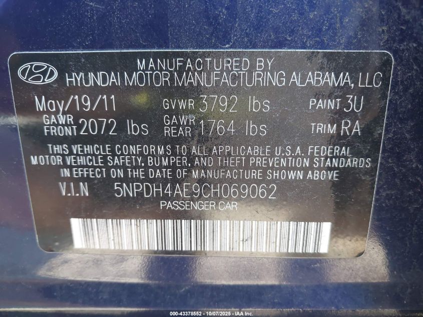 2012 Hyundai Elantra Gls VIN: 5NPDH4AE9CH069062 Lot: 43378552