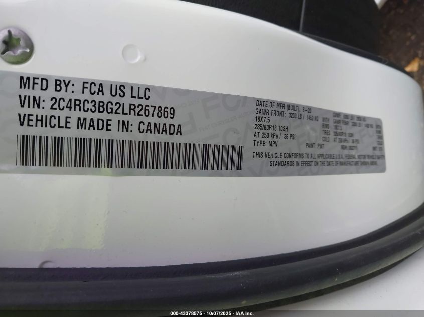 2020 Chrysler Pacifica Awd Launch Edition VIN: 2C4RC3BG2LR267869 Lot: 43378575