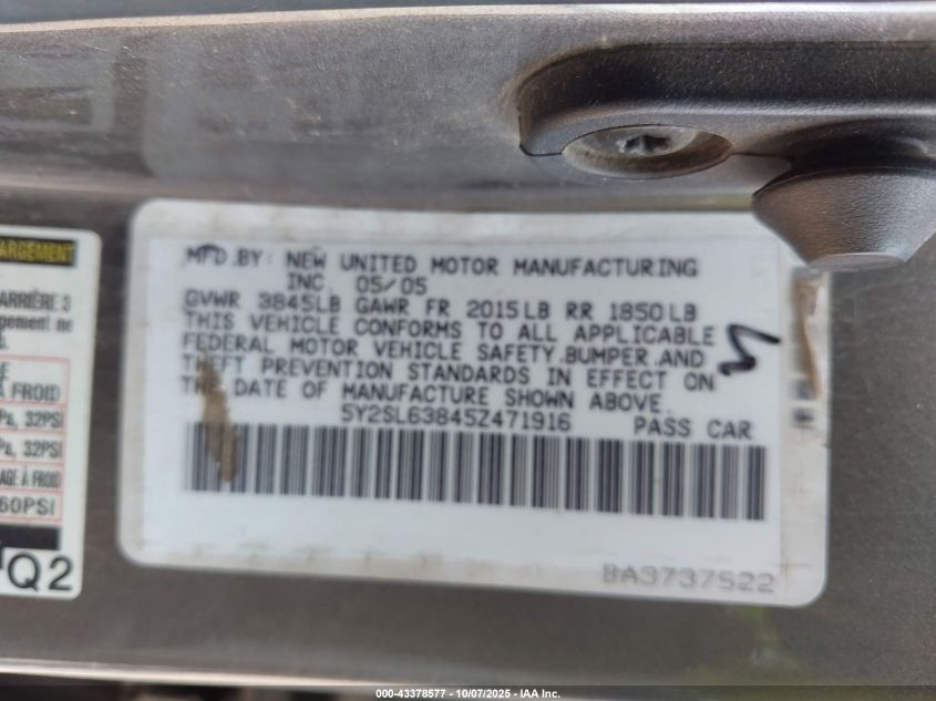 2005 Pontiac Vibe VIN: 5Y2SL63845Z471916 Lot: 43378577