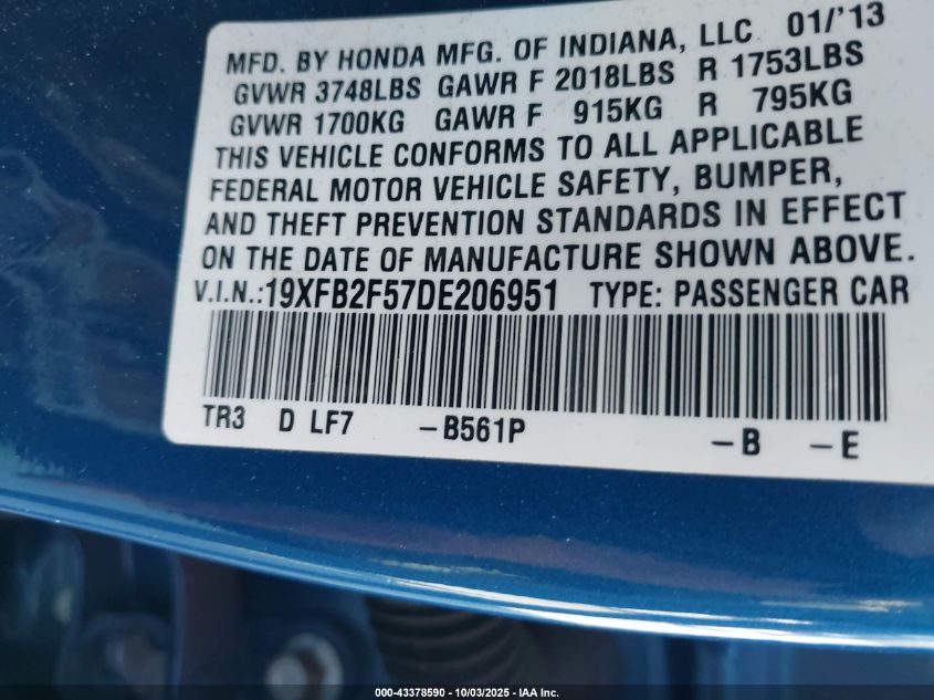 2013 Honda Civic Lx VIN: 19XFB2F57DE206951 Lot: 43378590